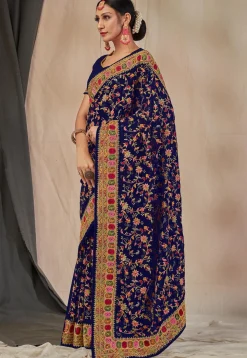 Embroidered Georgette Saree in Navy Blue