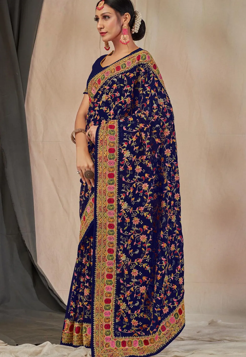 Embroidered Georgette Saree in Navy Blue