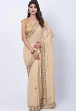 Embroidered Georgette Saree in Light Beige