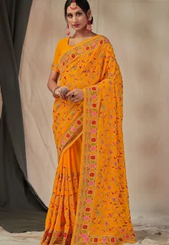 Embroidered Georgette Saree in Mustard