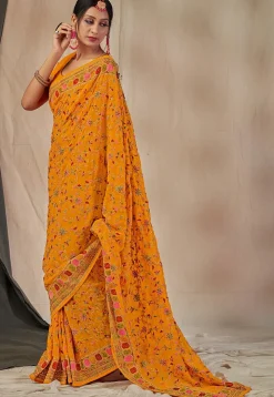 Embroidered Georgette Saree in Mustard