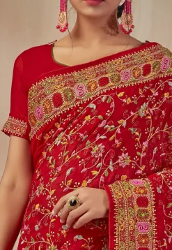 Embroidered Georgette Saree in Red