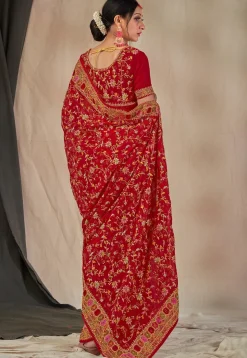 Embroidered Georgette Saree in Red