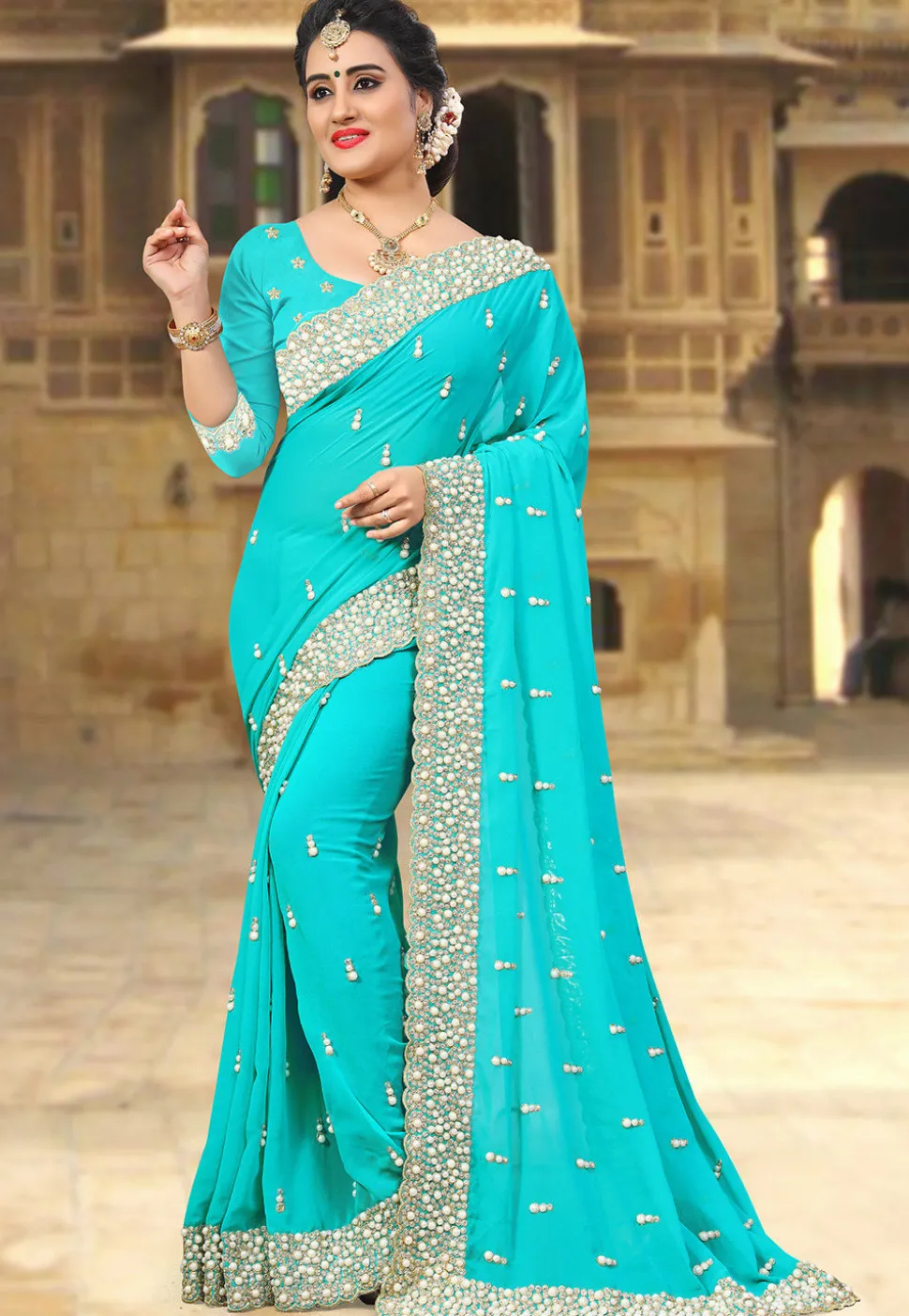 Embroidered Georgette Saree in Turquoise