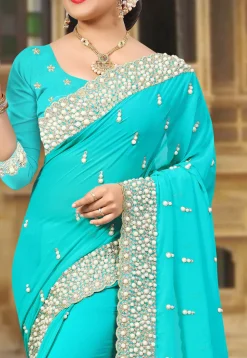 Embroidered Georgette Saree in Turquoise