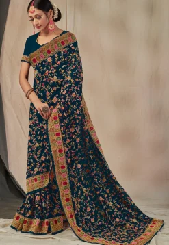 Embroidered Georgette Saree in Teal Blue