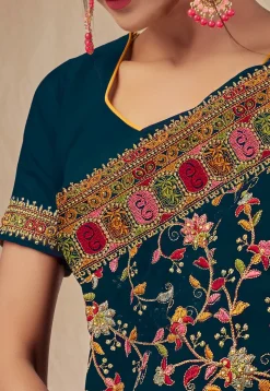 Embroidered Georgette Saree in Teal Blue