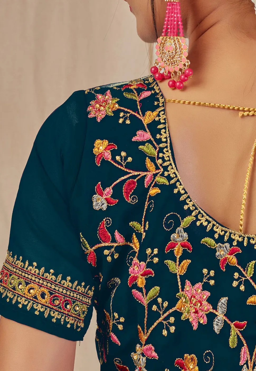 Embroidered Georgette Saree in Teal Blue