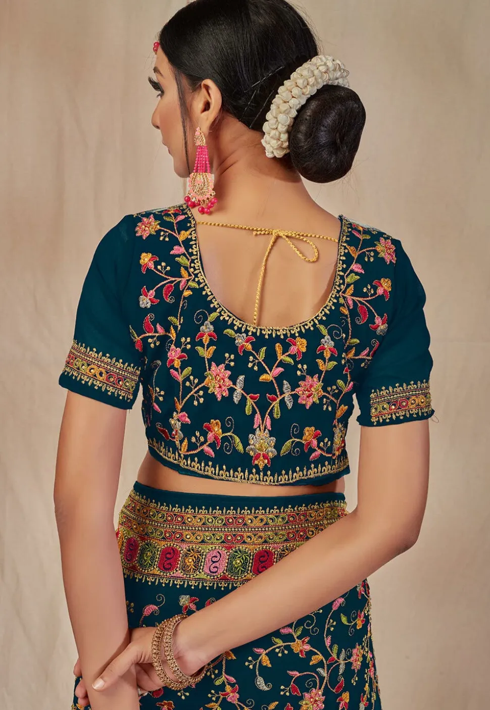 Embroidered Georgette Saree in Teal Blue