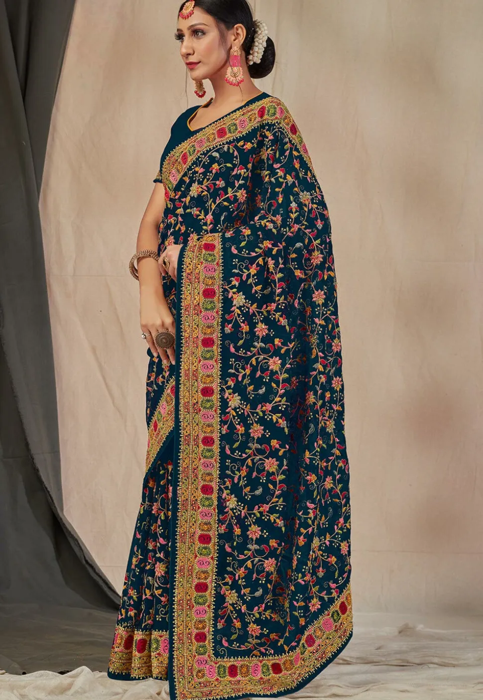 Embroidered Georgette Saree in Teal Blue