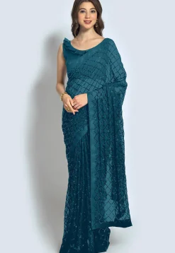 Embroidered Georgette Saree in Teal Blue