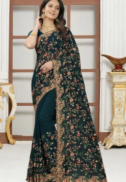 Embroidered Georgette Saree in Teal Blue
