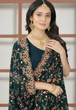 Embroidered Georgette Saree in Teal Blue