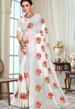 Embroidered Georgette Saree in Off White