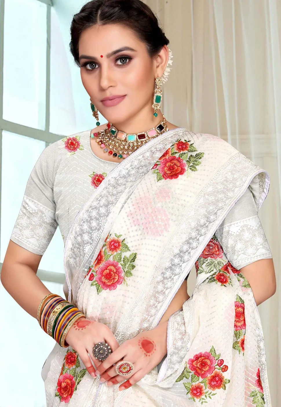 Embroidered Georgette Saree in Off White