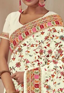 Embroidered Georgette Saree in Off White