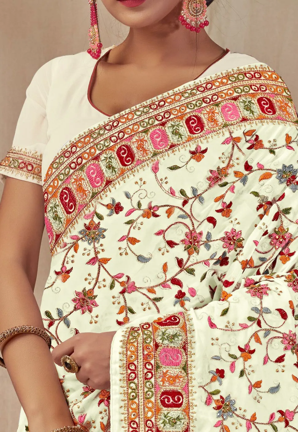 Embroidered Georgette Saree in Off White