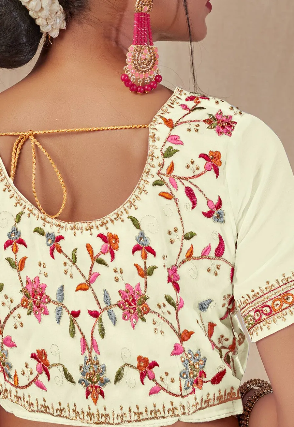 Embroidered Georgette Saree in Off White