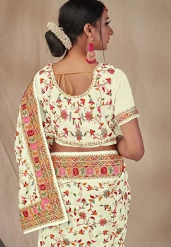 Embroidered Georgette Saree in Off White