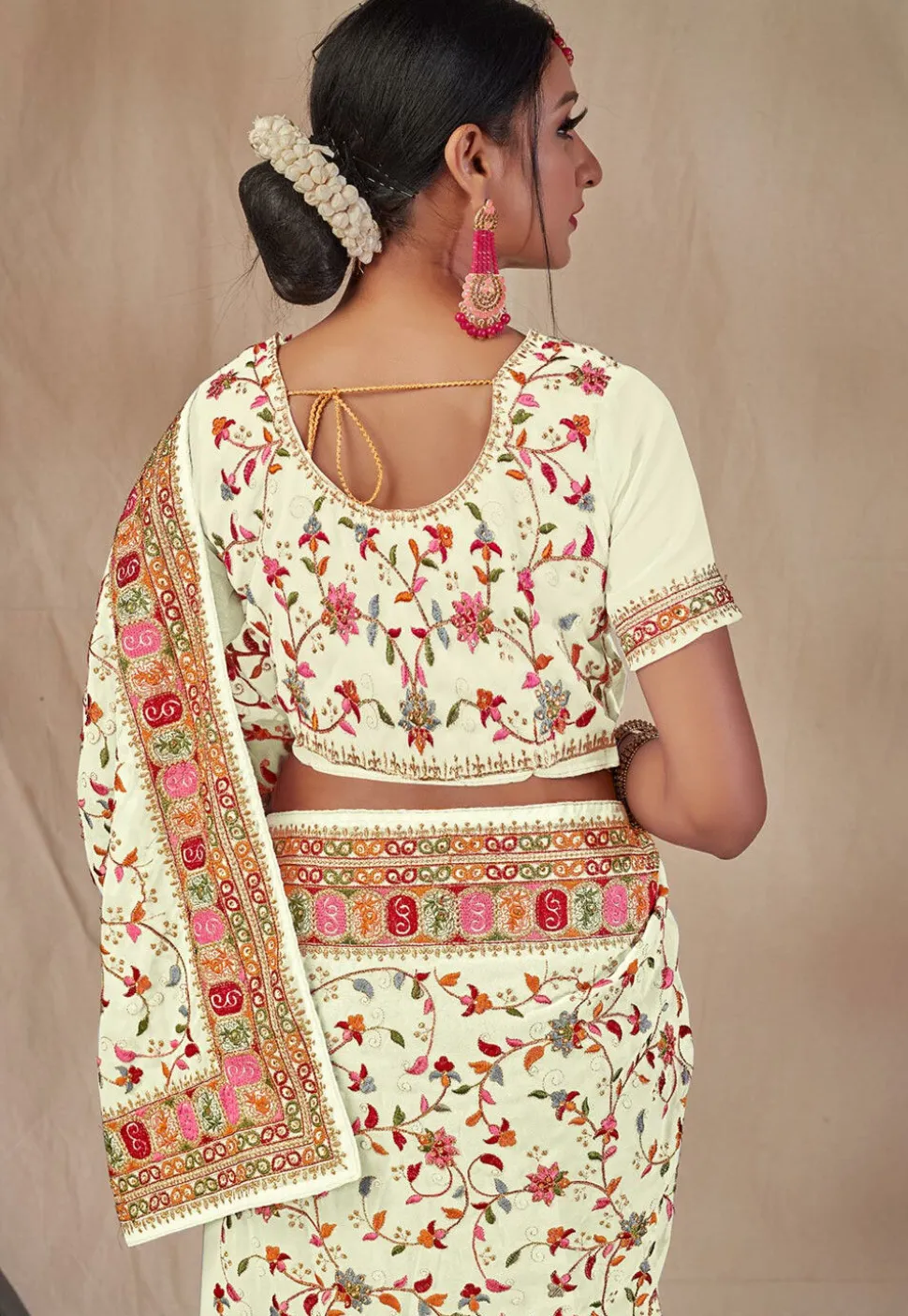 Embroidered Georgette Saree in Off White