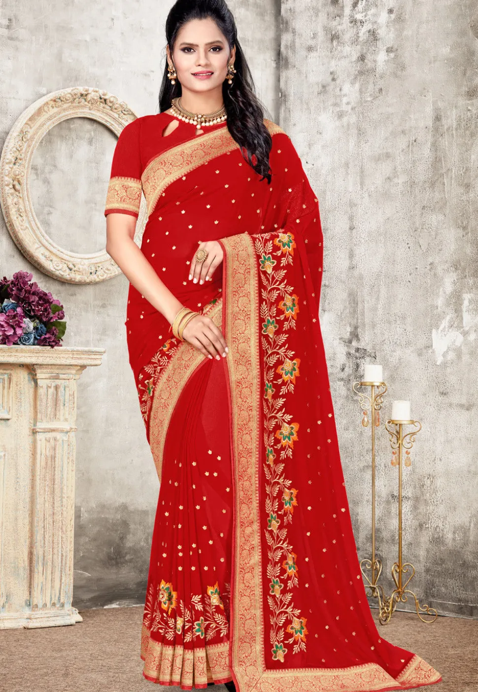Embroidered Georgette Saree in Red