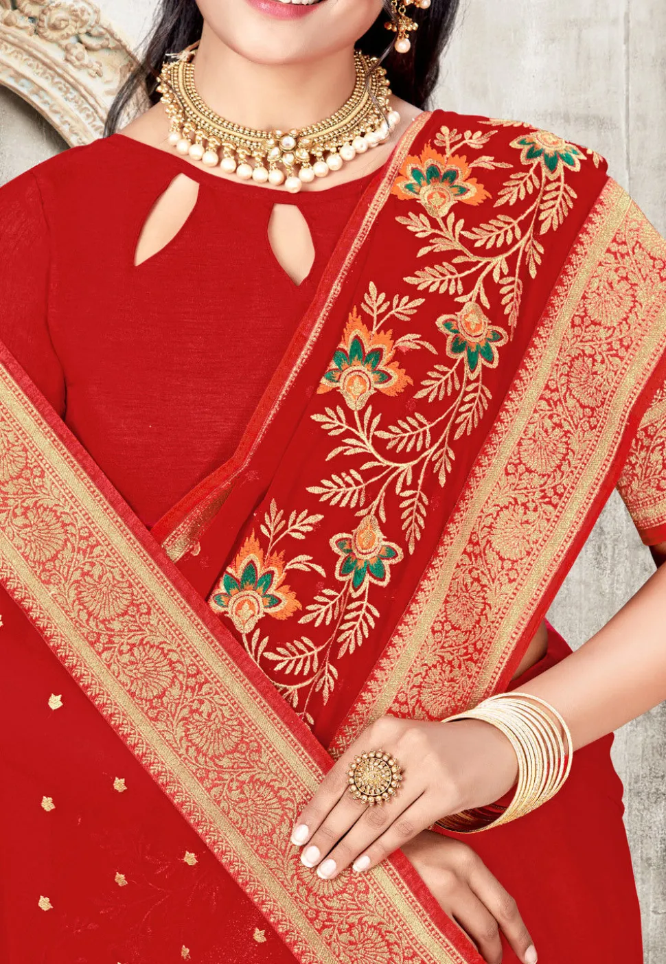 Embroidered Georgette Saree in Red