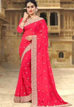 Embroidered Georgette Saree in Fuchsia