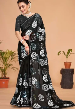Embroidered Georgette Saree in Black