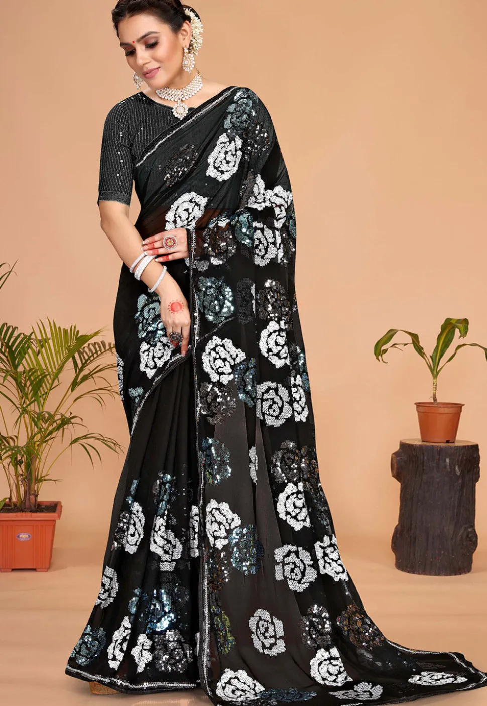 Embroidered Georgette Saree in Black