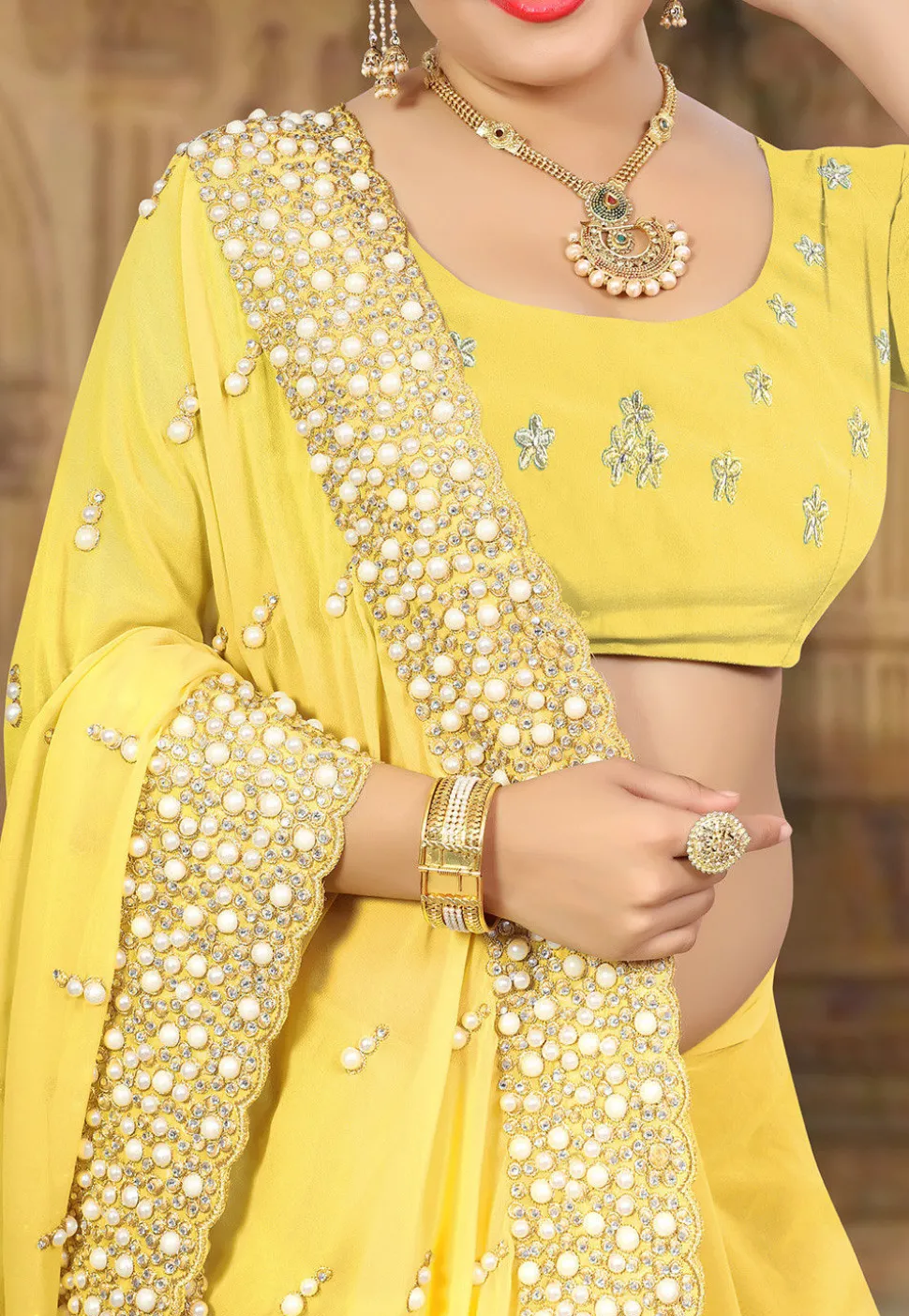 Embroidered Georgette Saree in Yellow