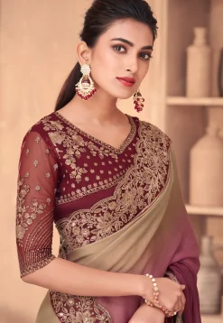 Embroidered Georgette Saree in Shade Purple and Beige
