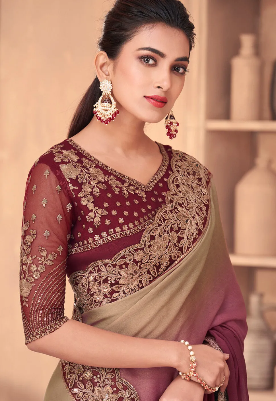 Embroidered Georgette Saree in Shade Purple and Beige