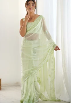 Embroidered Georgette Scalloped Saree in Light Green