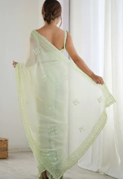 Embroidered Georgette Scalloped Saree in Light Green