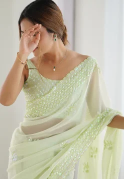 Embroidered Georgette Scalloped Saree in Light Green