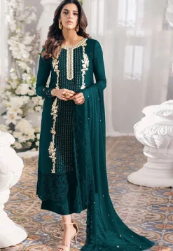 Embroidered Georgette Scalloped Pakistani Suit in Teal Green