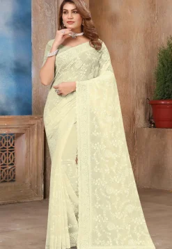 Embroidered Georgette Scalloped Saree in Pastel Green
