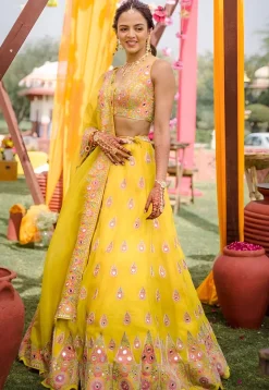 Embroidered Georgette Scalloped Lehenga in Yellow