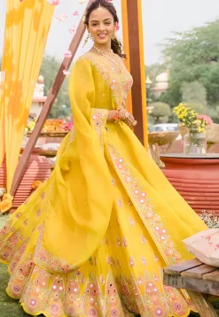 Embroidered Georgette Scalloped Lehenga in Yellow