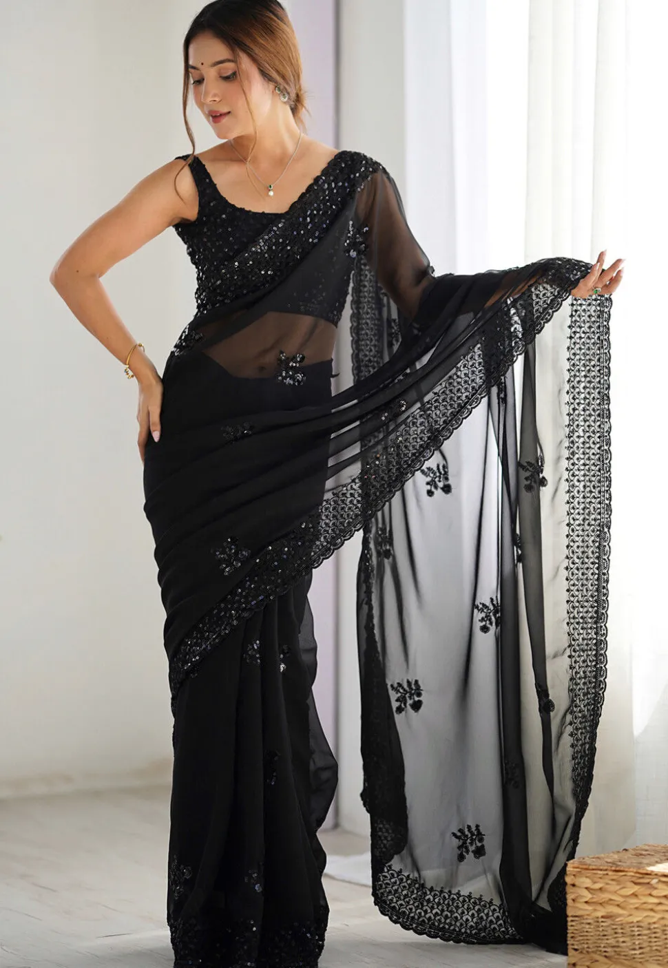 Embroidered Georgette Scalloped Saree in Black