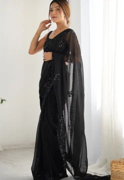 Embroidered Georgette Scalloped Saree in Black