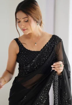 Embroidered Georgette Scalloped Saree in Black