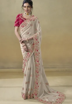 Embroidered Georgette Scalloped Saree in Off White