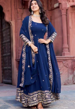 Embroidered Georgette Scalloped Abaya Style Suit in Navy Blue