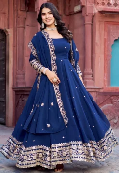 Embroidered Georgette Scalloped Abaya Style Suit in Navy Blue