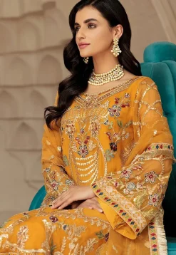 Embroidered Georgette Scalloped Pakistani Suit in Mustard