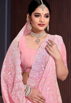 Embroidered Georgette Scalloped Saree in Peach