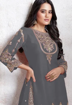 Embroidered Georgette Scalloped Punjabi Suit in Grey