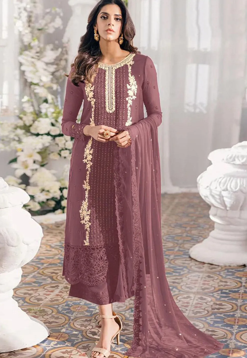 Embroidered Georgette Scalloped Pakistani Suit in Old Rose