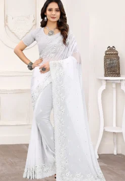 Embroidered  Georgette Scalloped  Saree in Off White